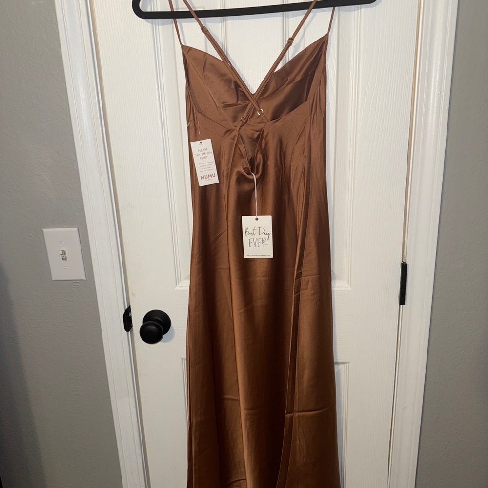 NWT Show Me Your MuMu Satin Midi Dress in Tan - Picture 6 of 8